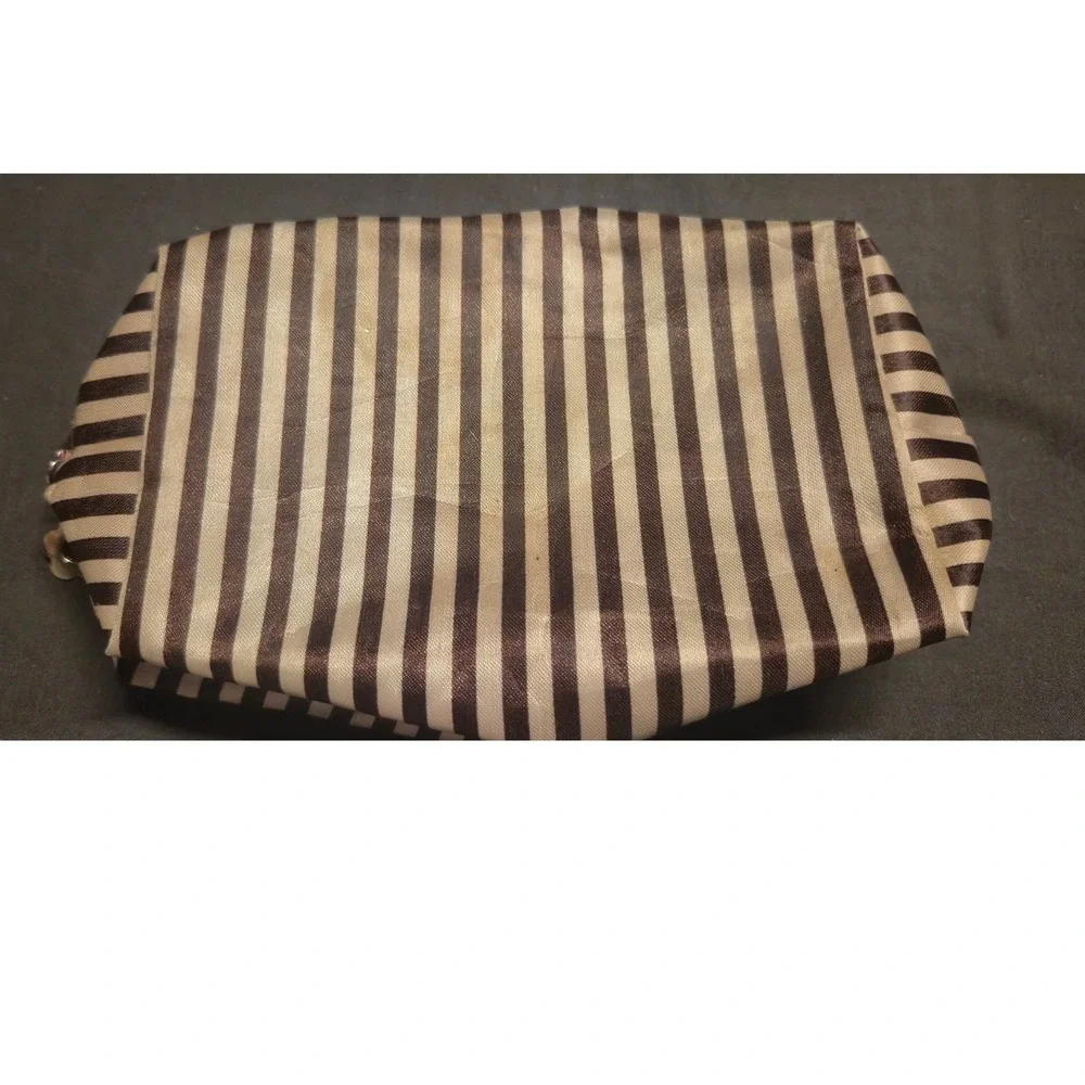 Henri Bendel Signature Brown White Striped Cosmetic Makeup Bag Travel Pouch Pink